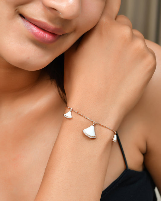 Rose-Gold Fan Charm Bracelet with White Mother-of-Pearl & Cubic Zirconia – Adjustable 925 Sterling Silver