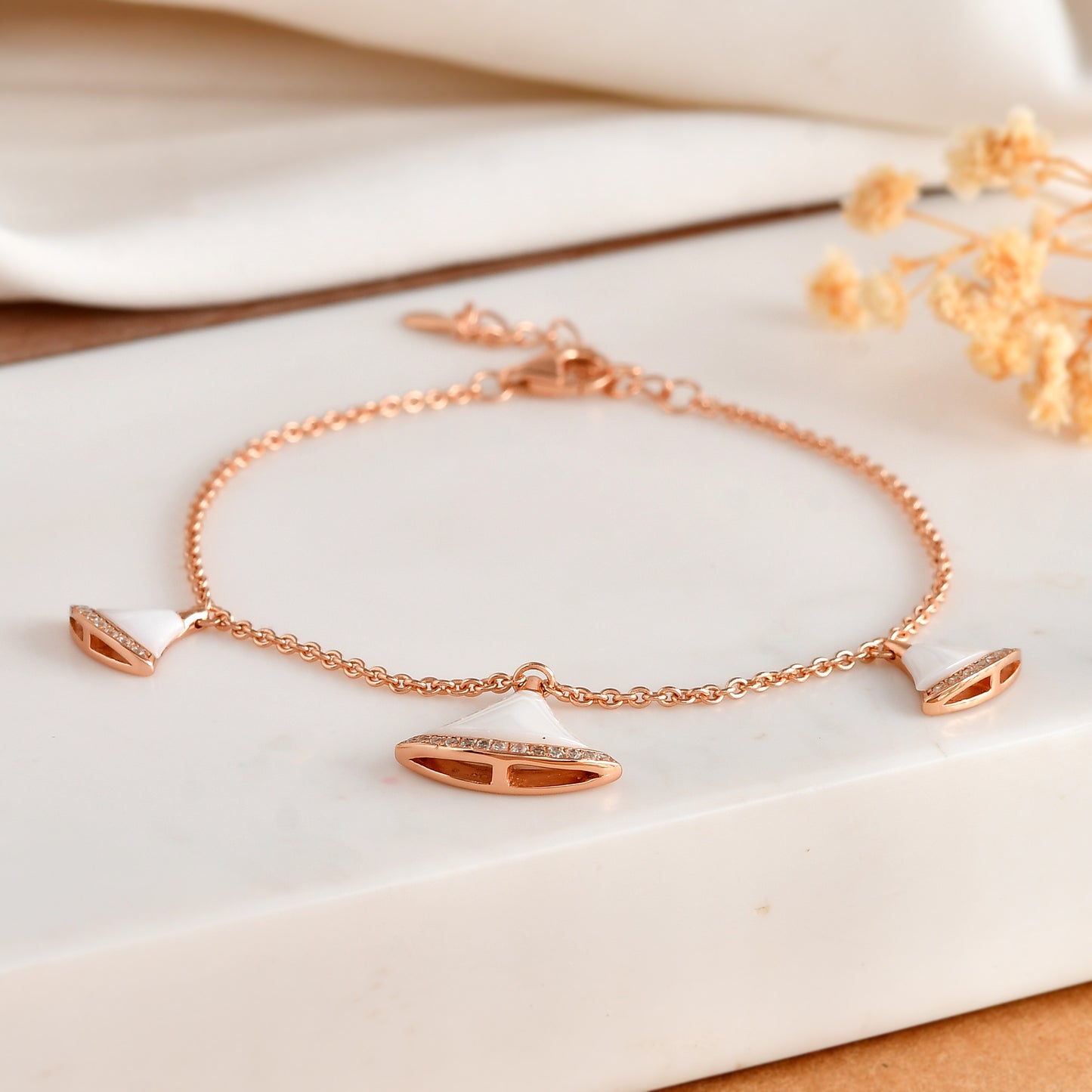 Rose-Gold Fan Charm Bracelet with White Mother-of-Pearl & Cubic Zirconia – Adjustable 925 Sterling Silver