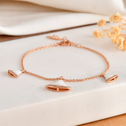 Rose-Gold Fan Charm Bracelet with White Mother-of-Pearl & Cubic Zirconia – Adjustable 925 Sterling Silver