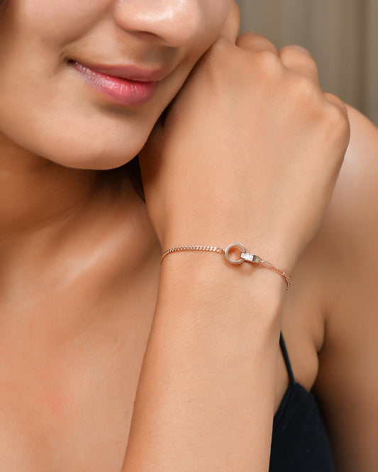 Rose-Gold Mixed-Chain Bracelet with CZ Interlocking Rings – 925 Sterling Silver, Adjustable