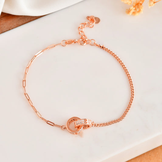 Rose-Gold Mixed-Chain Bracelet with CZ Interlocking Rings – 925 Sterling Silver, Adjustable