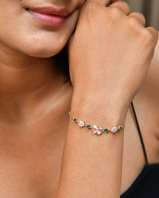 Rose Gold Clover Bracelet with Green CZ & Mother-of-Pearl Petals – 925 Sterling Silver