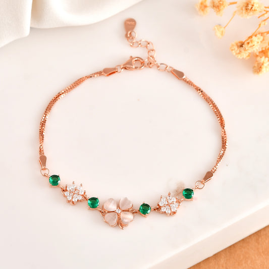 Rose Gold Clover Bracelet with Green CZ & Mother-of-Pearl Petals – 925 Sterling Silver