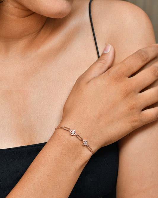 Rose Gold Paper-Clip Chain Bracelet with Cushion-Cut CZ Clover Halos | 925 Sterling Silver