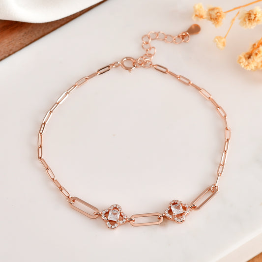 Rose Gold Paper-Clip Chain Bracelet with Cushion-Cut CZ Clover Halos | 925 Sterling Silver