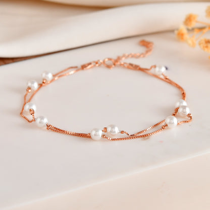 Layered Rose-Gold Pearl Station Bracelet | Double-Strand 925 Sterling Silver