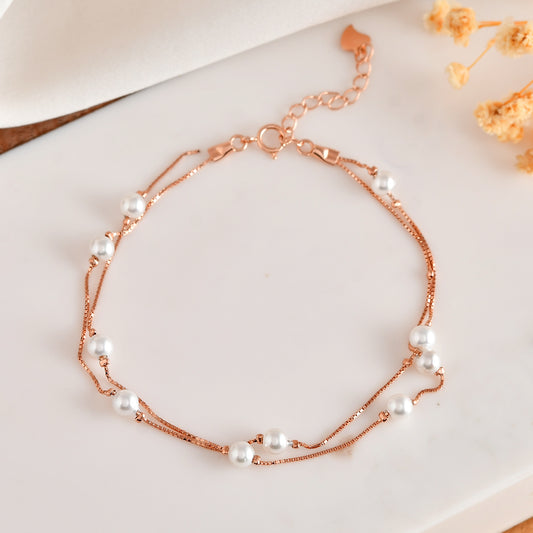 Layered Rose-Gold Pearl Station Bracelet | Double-Strand 925 Sterling Silver