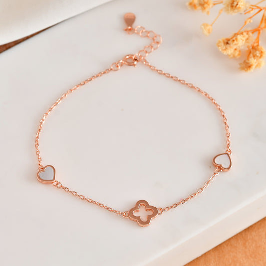 Rose-Gold Clover & Mother-of-Pearl Heart Bracelet | Dainty 925 Sterling Silver Station Chain