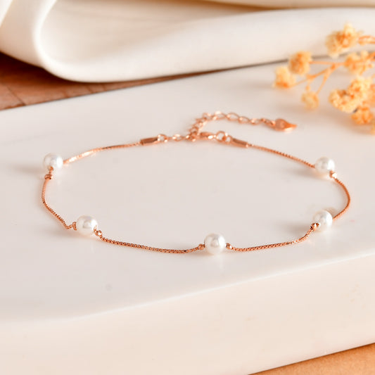 Rose-Gold Vermeil Box-Chain Bracelet with Floating White Pearl Stations