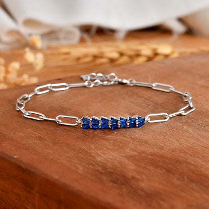 Blue-Baguette Bar Sterling-Silver Paperclip Bracelet | Adjustable Chain Link
