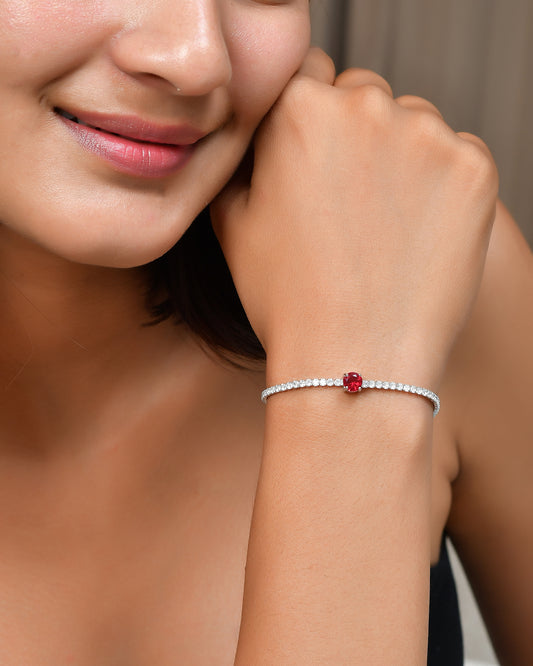 Sterling-Silver Tennis Bracelet with Red Ruby-Tone Center Stone