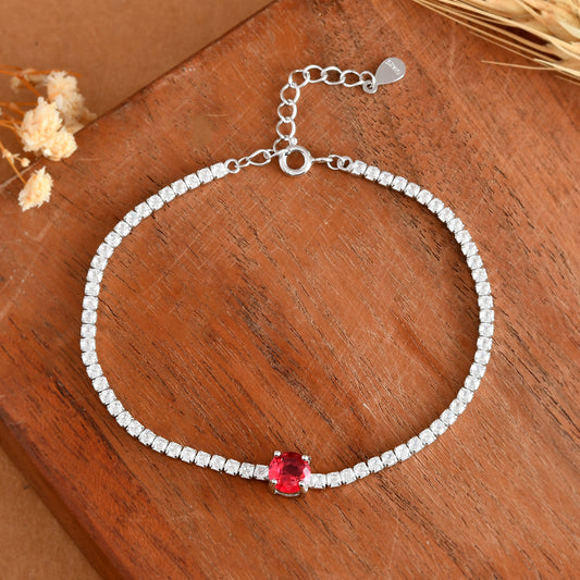 Sterling-Silver Tennis Bracelet with Red Ruby-Tone Center Stone