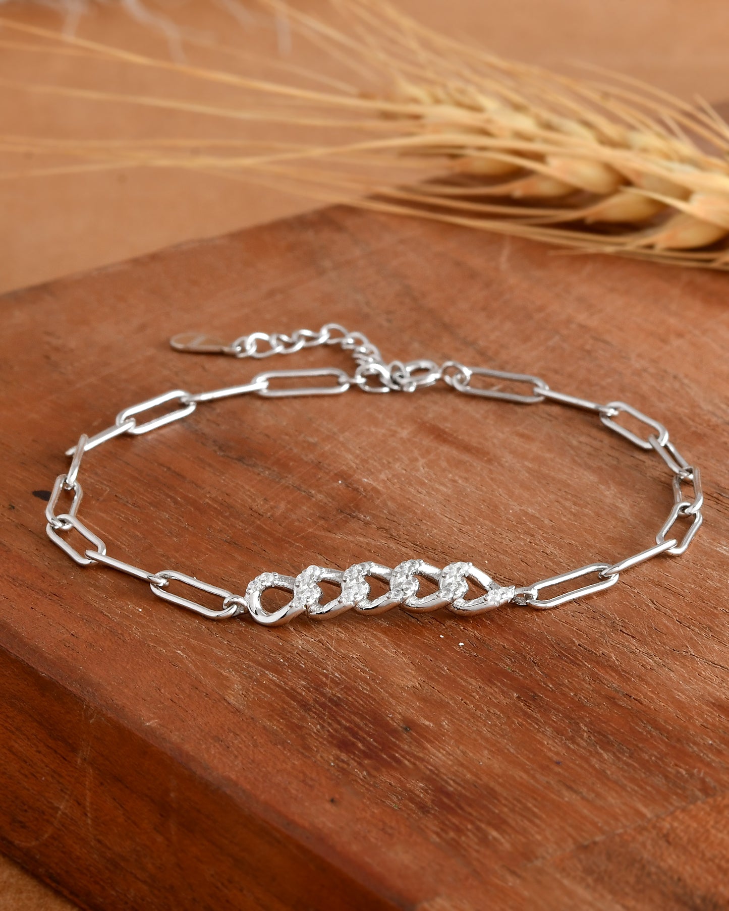 Pavé-Curb Paperclip Sterling-Silver Bracelet | Adjustable CZ Chain Bar