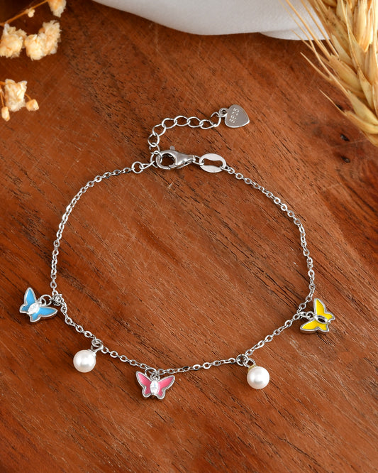 Sterling Silver Butterfly & Pearl Charm Bracelet – Blue, Pink, Yellow Enamel