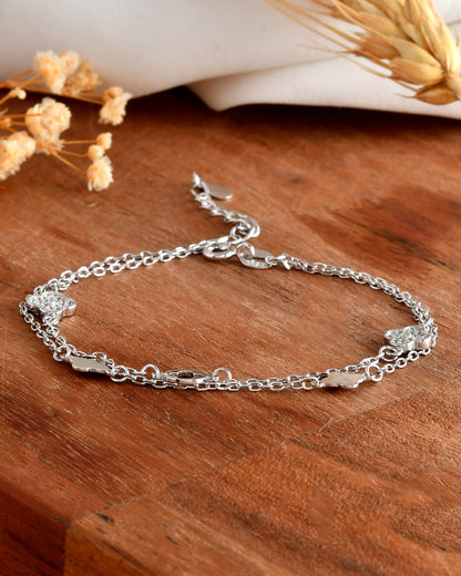 Sterling Silver Double-Layer Quatrefoil Clover Bracelet – Dainty 925 Layering Lucky Charm Jewelry