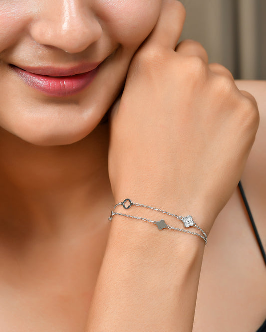Sterling Silver Double-Layer Quatrefoil Clover Bracelet – Dainty 925 Layering Lucky Charm Jewelry