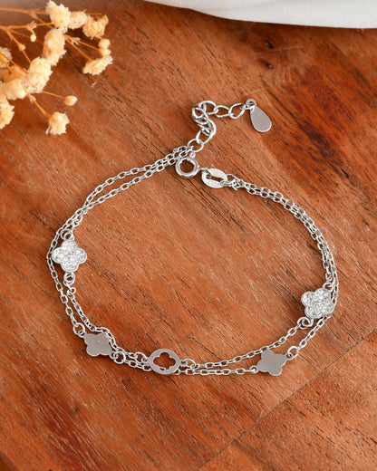 Sterling Silver Double-Layer Quatrefoil Clover Bracelet – Dainty 925 Layering Lucky Charm Jewelry