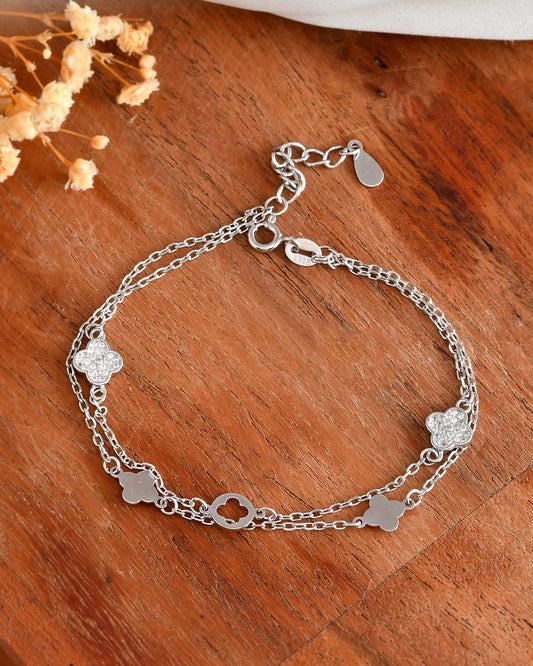 Sterling Silver Double-Layer Quatrefoil Clover Bracelet – Dainty 925 Layering Lucky Charm Jewelry