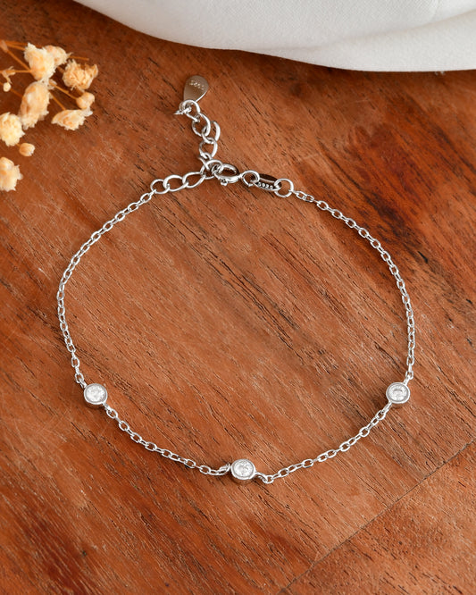 Sterling Silver Bezel-Set Trio Stone Bracelet – Minimalist 3-CZ Dainty Chain Jewelry