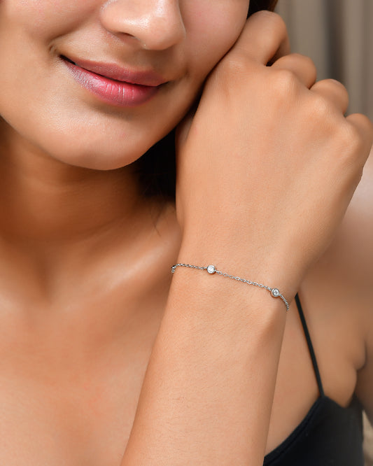 Sterling Silver Bezel-Set Trio Stone Bracelet – Minimalist 3-CZ Dainty Chain Jewelry