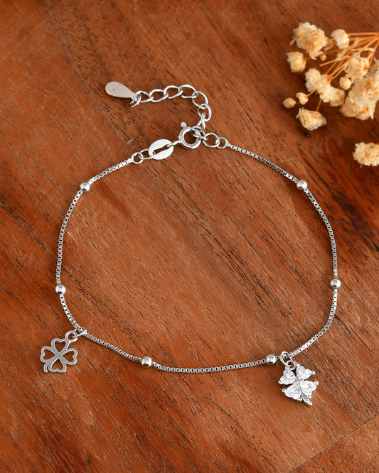 Lucky Clover Sterling-Silver Charm Bracelet | Box-Chain with CZ Four-Leaf Drops