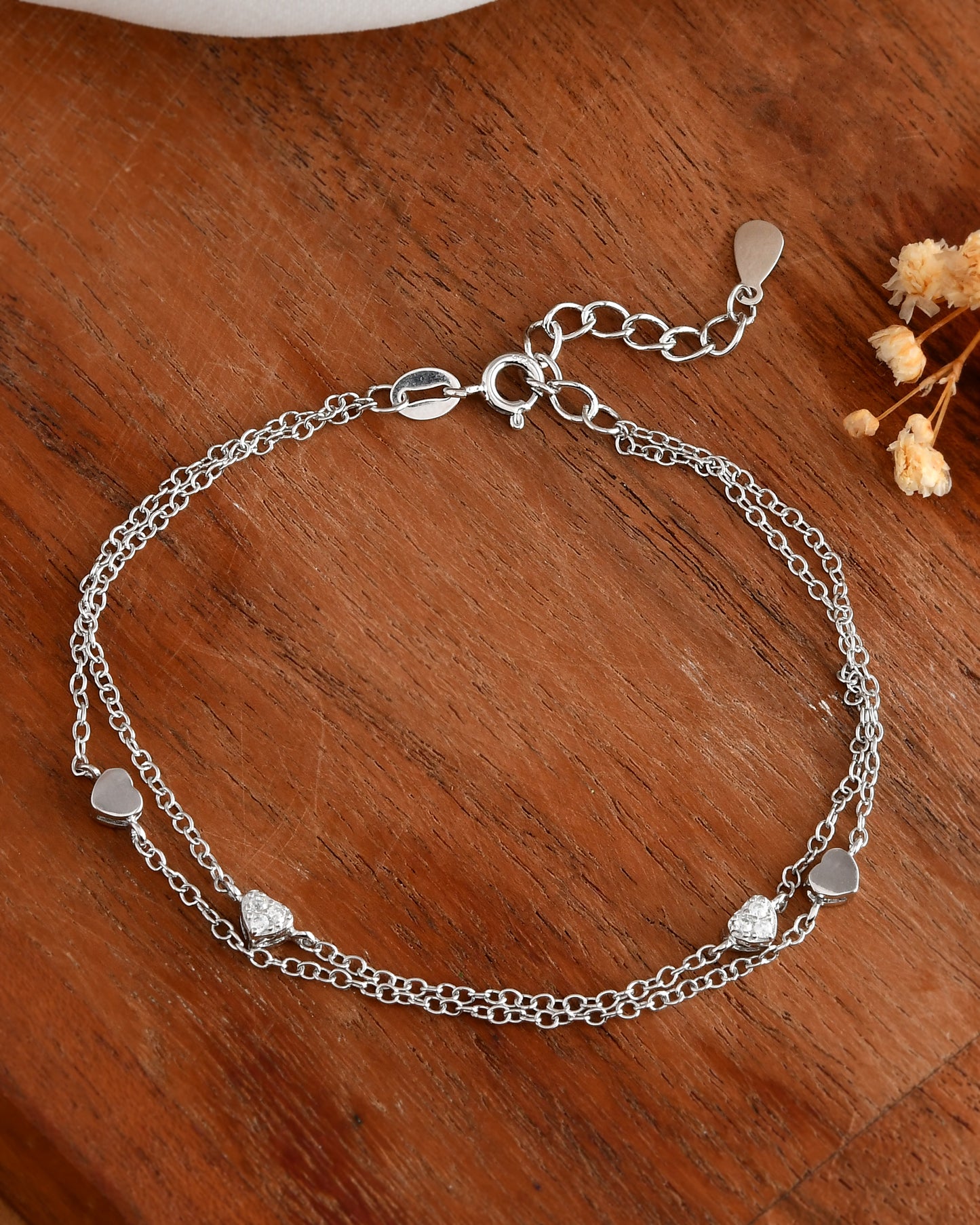 Double-Layer Heart-Charm Sterling-Silver Bracelet | CZ Pavé & Polished Mini Hearts