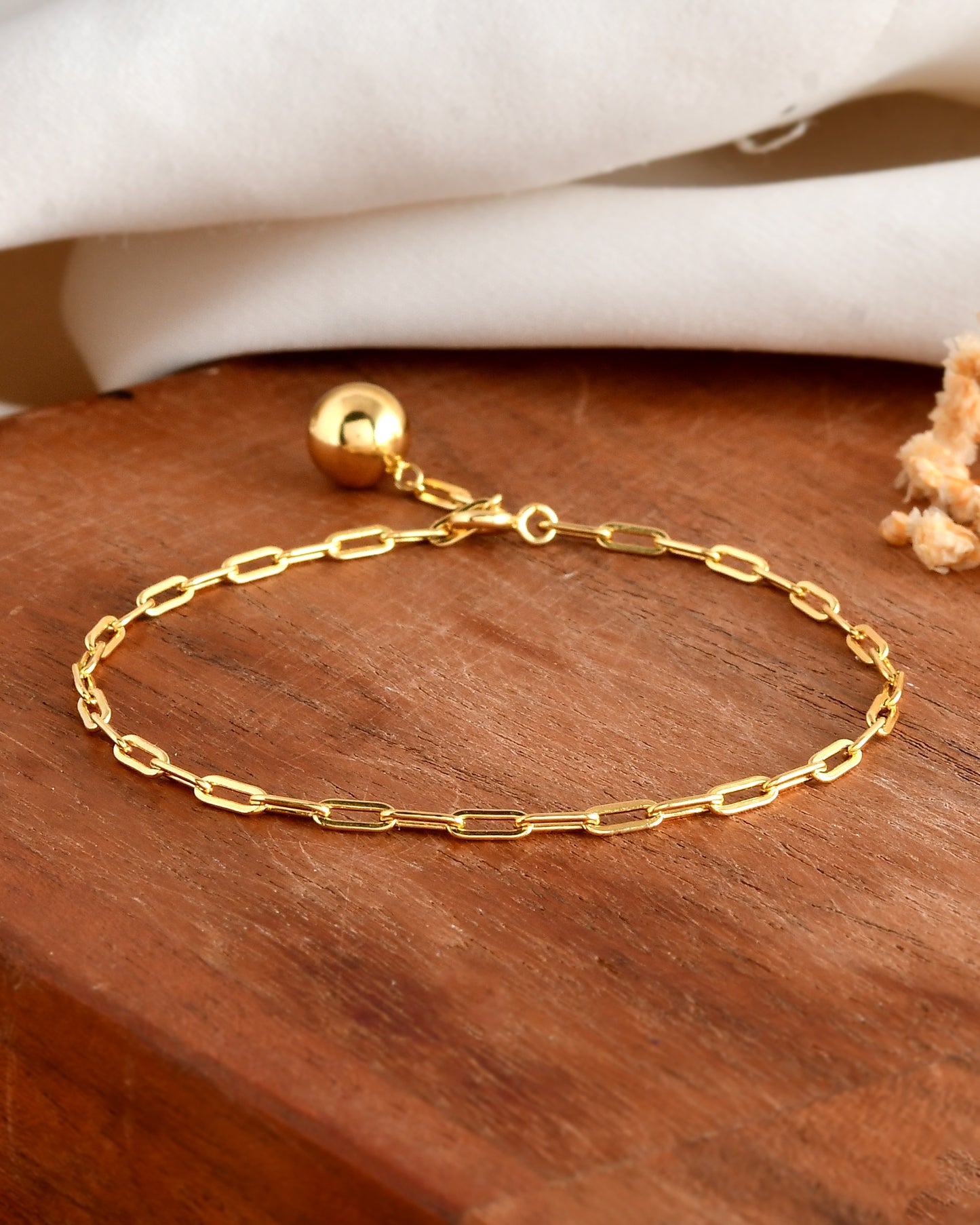 Gold-Plated Paperclip Chain Bracelet with Adjustable Ball Charm