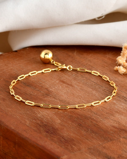 Gold-Plated Paperclip Chain Bracelet with Adjustable Ball Charm