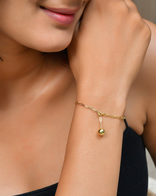 Gold-Plated Paperclip Chain Bracelet with Adjustable Ball Charm