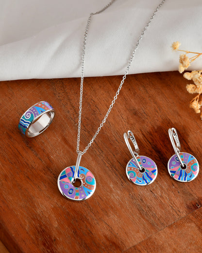 Sterling Silver Enamel Disc Jewelry Set – Color-Splash Necklace, Dangle Earrings & Ring