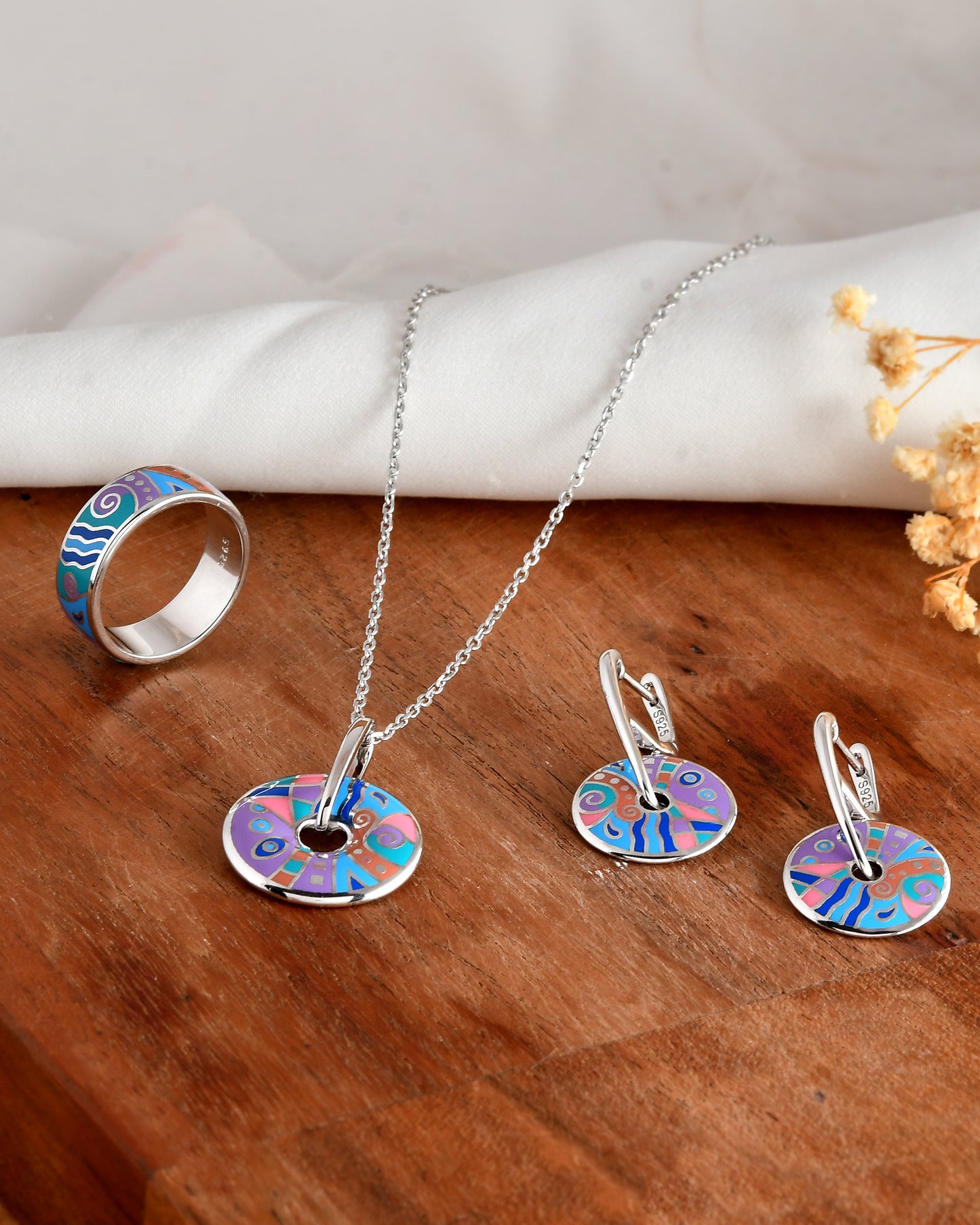Sterling Silver Enamel Disc Jewelry Set – Color-Splash Necklace, Dangle Earrings & Ring