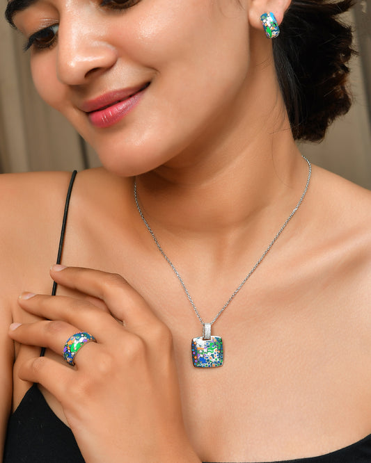 Sterling Silver Mosaic Enamel Square Jewelry Set – Necklace, Huggie Earrings & Matching Ring