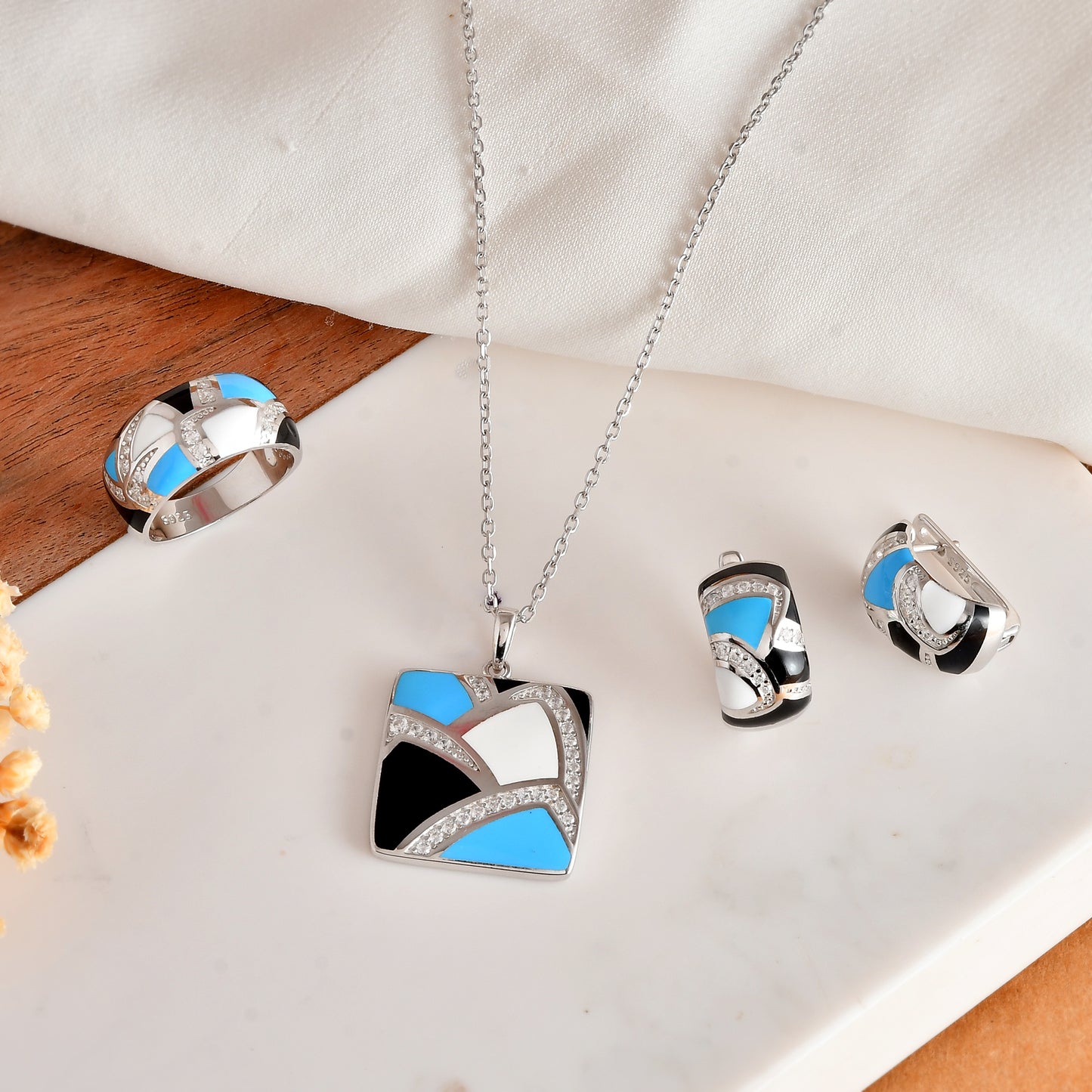 Sterling Silver Geometric Enamel Square Jewelry Set – Turquoise, Black & White with Pavé CZ