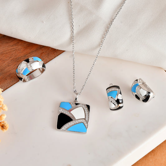 Sterling Silver Geometric Enamel Square Jewelry Set – Turquoise, Black & White with Pavé CZ