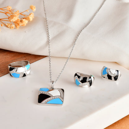Sterling Silver Geometric Enamel Square Jewelry Set – Turquoise, Black & White with Pavé CZ
