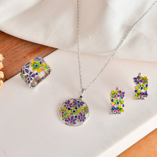 Sterling Silver Wildflower Enamel Jewelry Set – Round Pendant Necklace, Blossom Huggie Earrings & Wide Band Ring