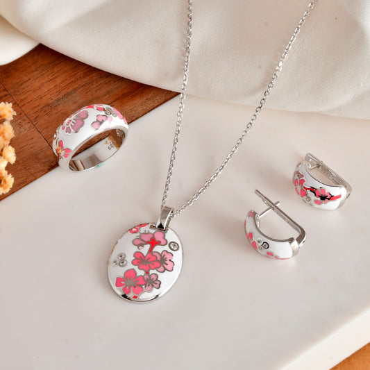 Cherry-Blossom Enamel Ring in 925 Sterling Silver | Pink Sakura Floral Band with CZ Accents