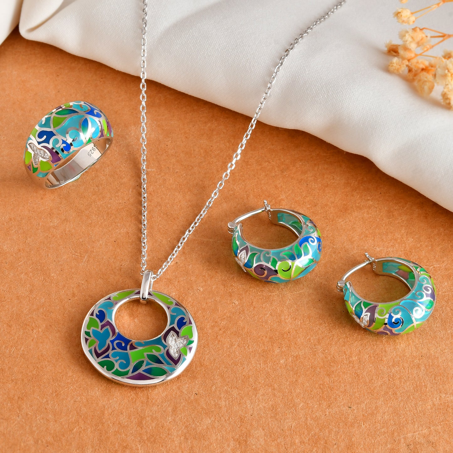 Sterling Silver Enamel Hoop Jewelry Set – Vivid Green & Teal Donut Pendant Necklace, Matching Hoops & Wide Band Ring