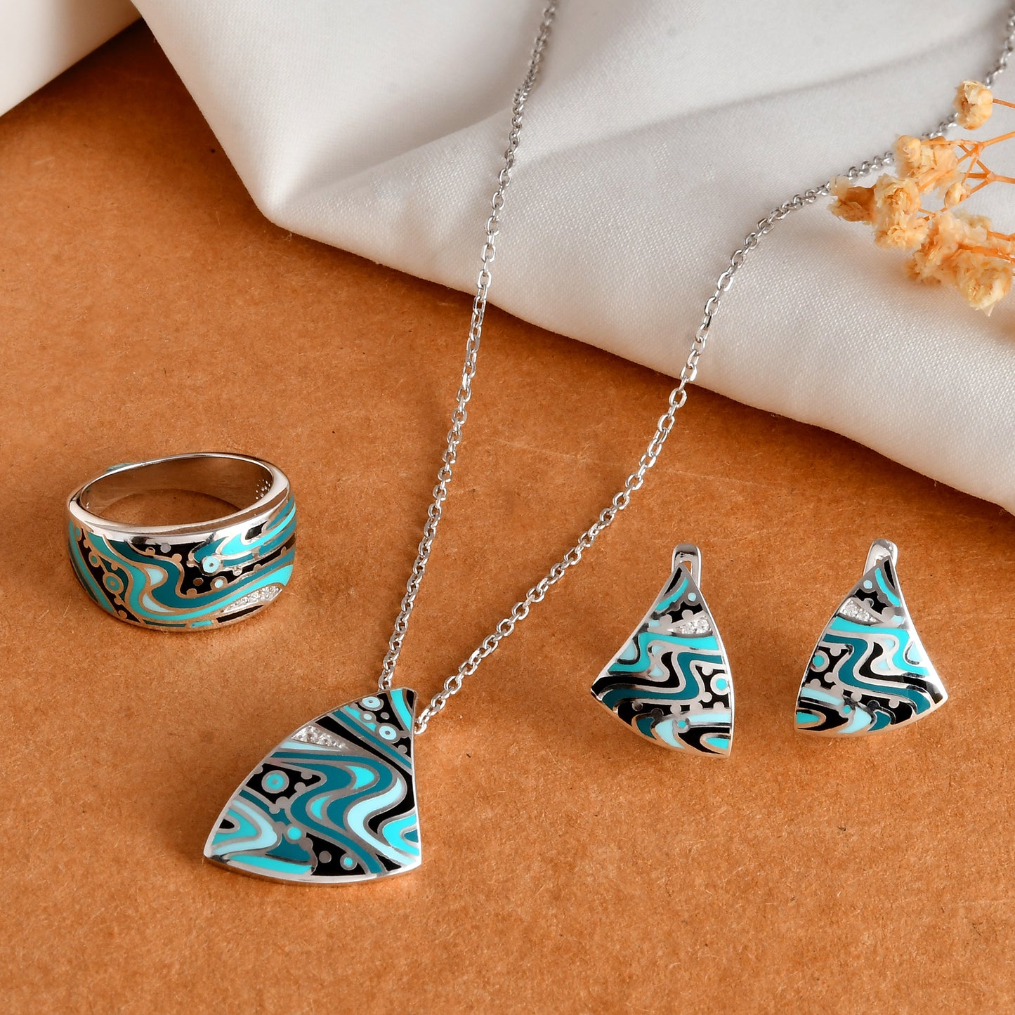 Sterling Silver Turquoise Wave Enamel Jewelry Set – Sail-Shape Pendant Necklace, Matching Stud Earrings & Wide Band Ring