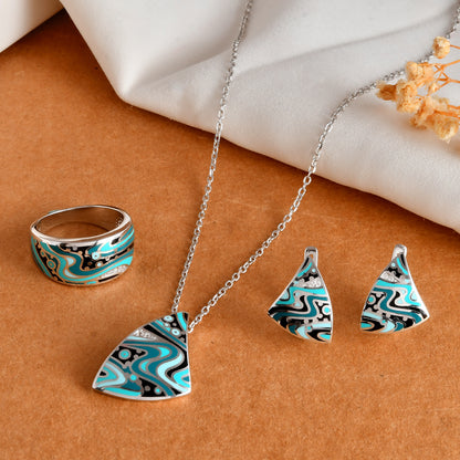 Sterling Silver Turquoise Wave Enamel Jewelry Set – Sail-Shape Pendant Necklace, Matching Stud Earrings & Wide Band Ring