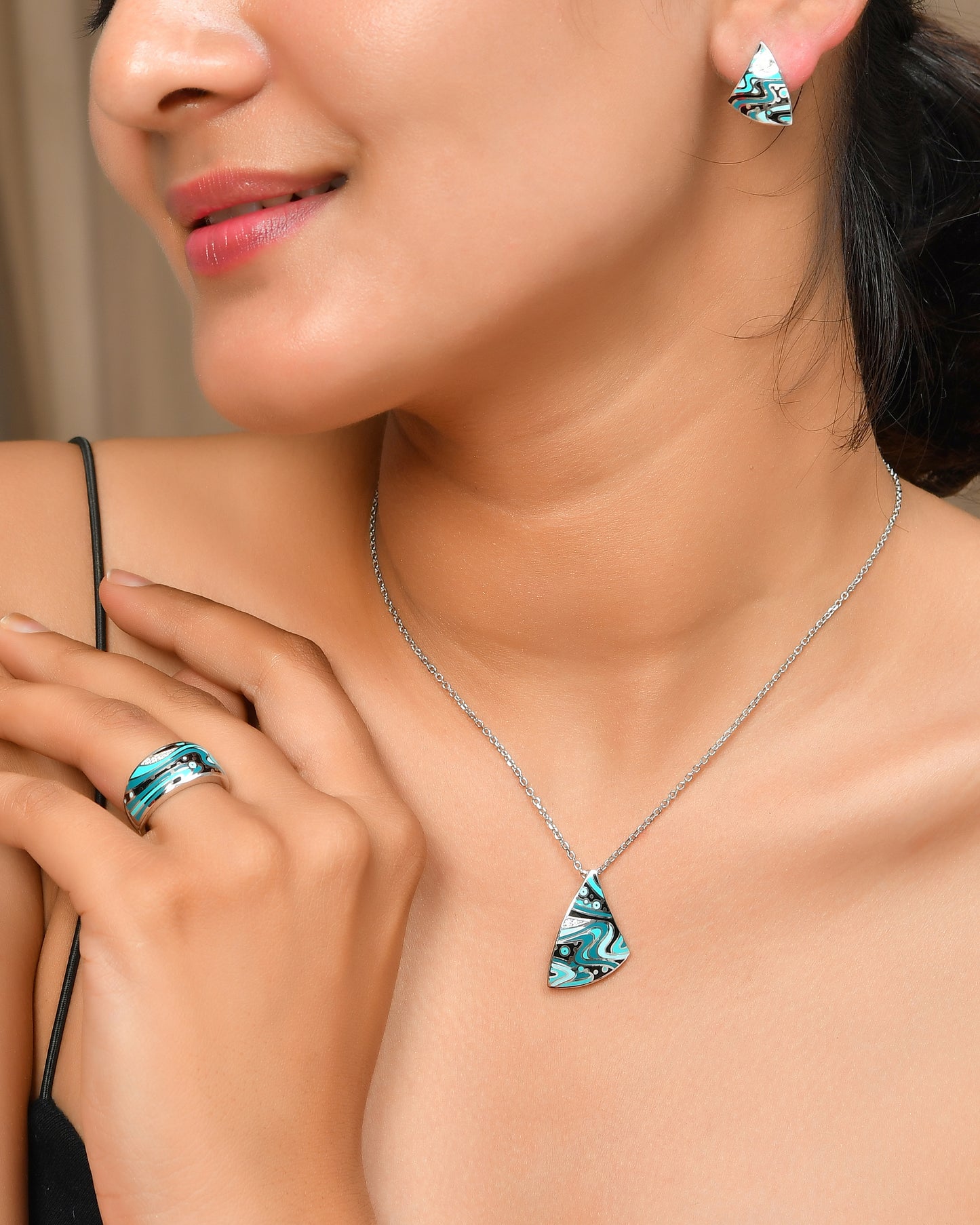 Sterling Silver Turquoise Wave Enamel Jewelry Set – Sail-Shape Pendant Necklace, Matching Stud Earrings & Wide Band Ring