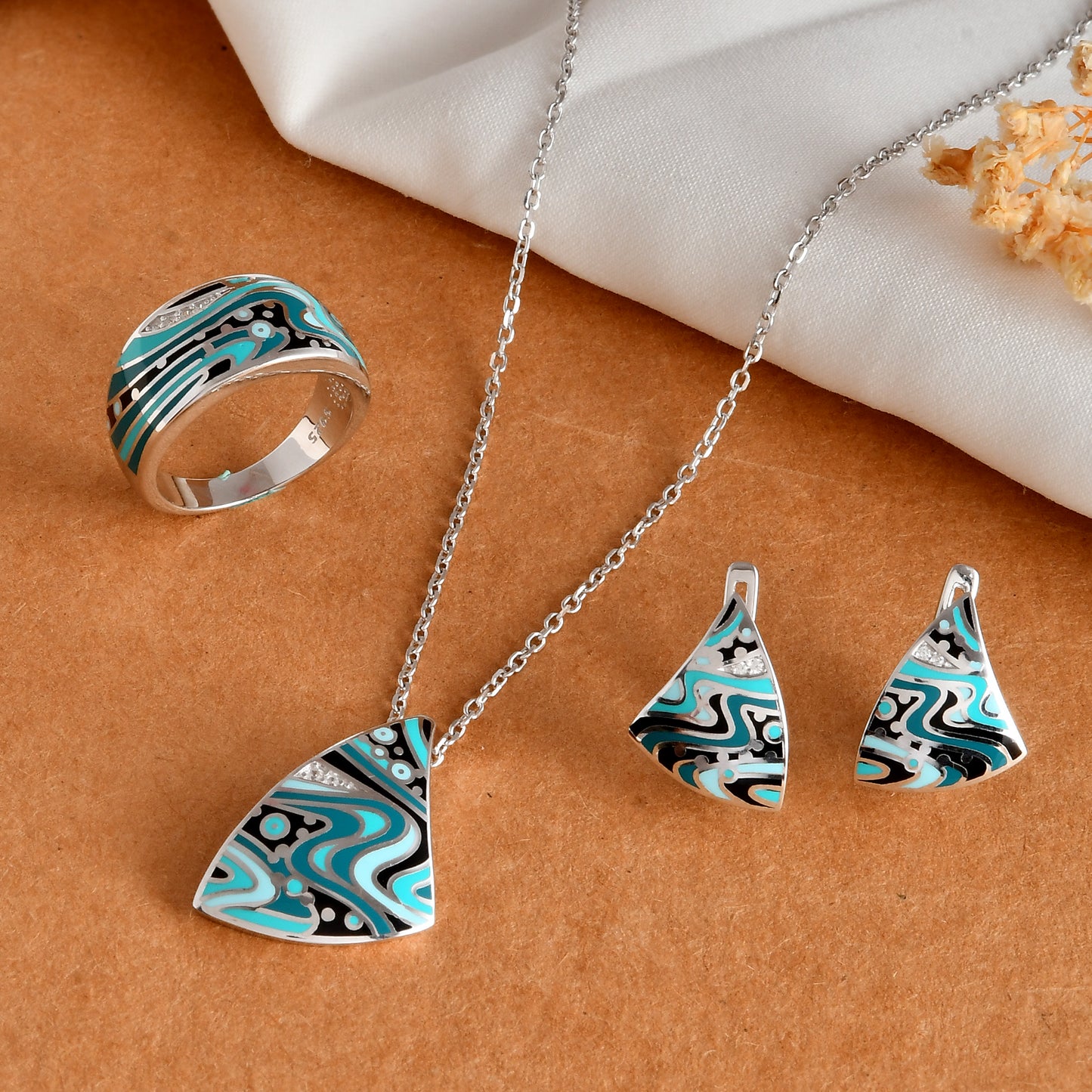 Sterling Silver Turquoise Wave Enamel Jewelry Set – Sail-Shape Pendant Necklace, Matching Stud Earrings & Wide Band Ring