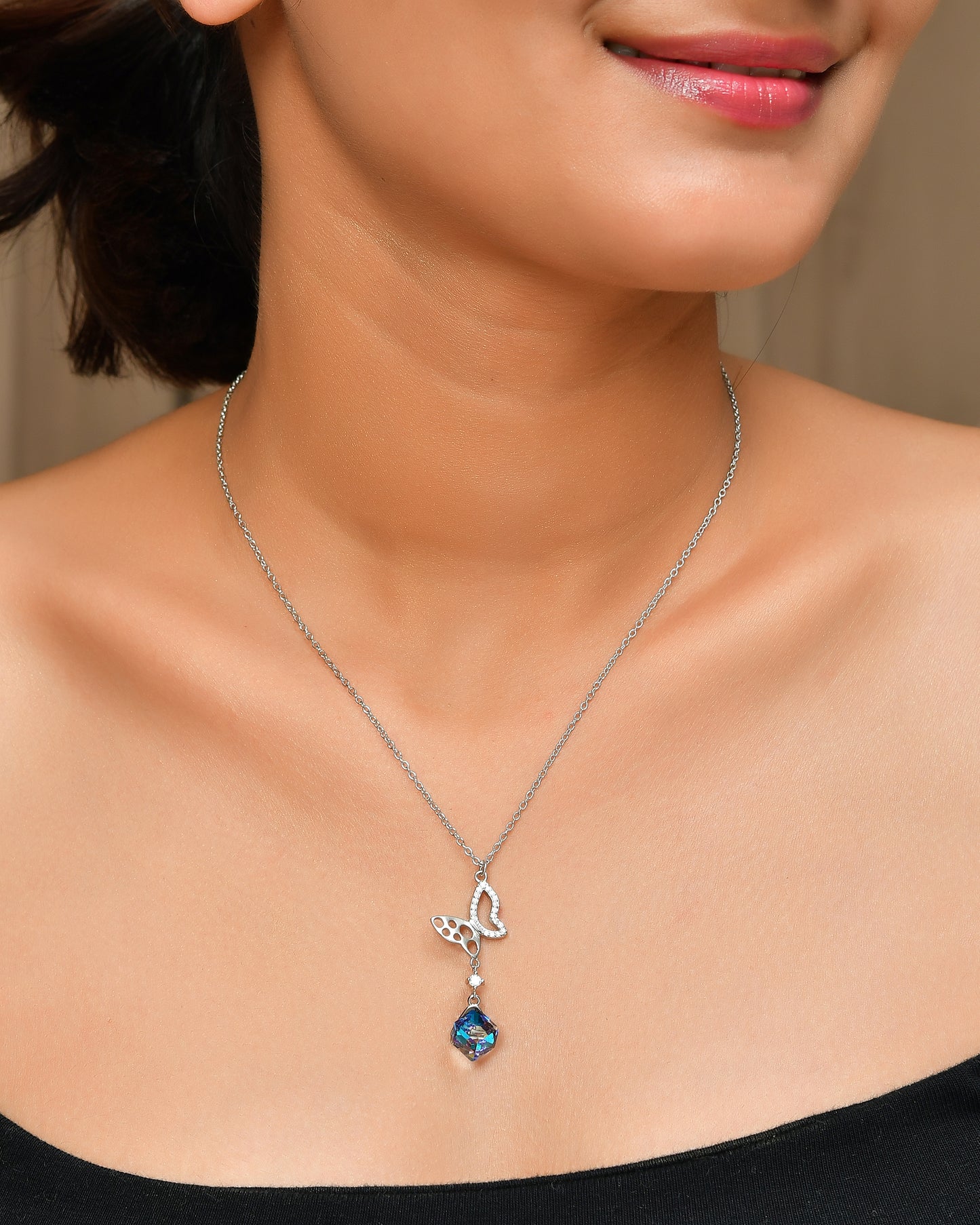 Sterling Silver Butterfly Y-Drop Necklace with Aurora Borealis Cube Crystal & CZ Accents