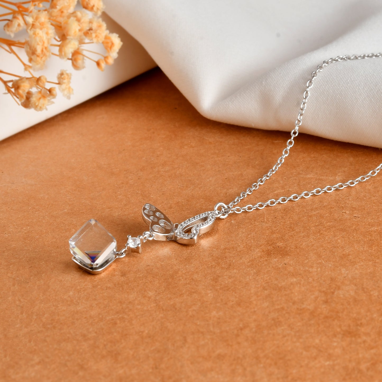 Sterling Silver Butterfly Y-Drop Necklace with Aurora Borealis Cube Crystal & CZ Accents