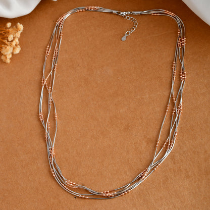 Two-Tone Sterling Silver & Rose-Gold Tube-Bead Multi-Strand Necklace – Adjustable 16-18 in