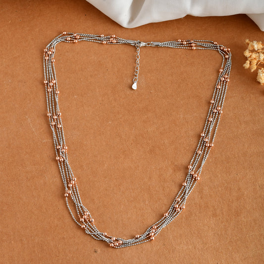Two-Tone Sterling Silver & Rose-Gold Bead Multi-Strand Layered Necklace – Adjustable 16-18 in