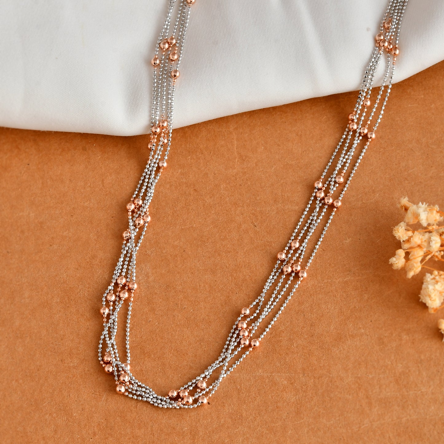 Two-Tone Sterling Silver & Rose-Gold Bead Multi-Strand Layered Necklace – Adjustable 16-18 in