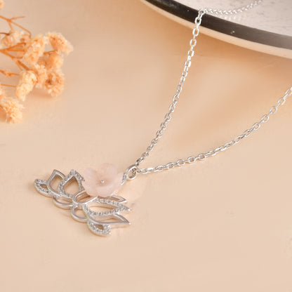 Rose Quartz Lotus Sterling Silver Necklace – CZ Pavé Yoga Pendant