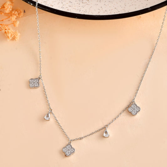 Clover & Teardrop CZ Charm Necklace – Dainty Sterling Silver Choker