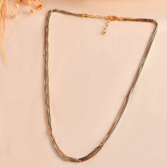 Tri-Color Layered Box-Chain Necklace | Gold, Rose & Silver Tone Statement Collar